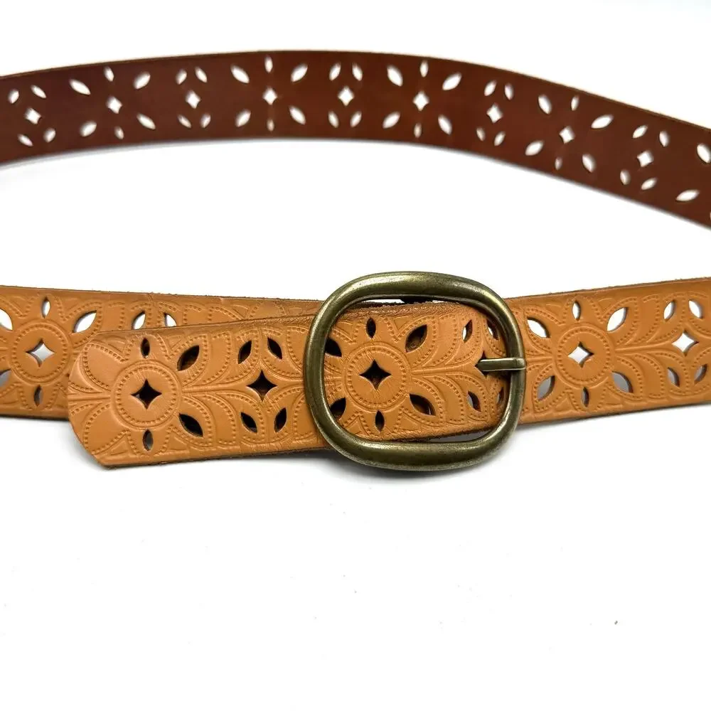 Fossil Boho Belt M 34 Tan Leather Tooled Pinwheel Cut Outs Western Hippie Y2K